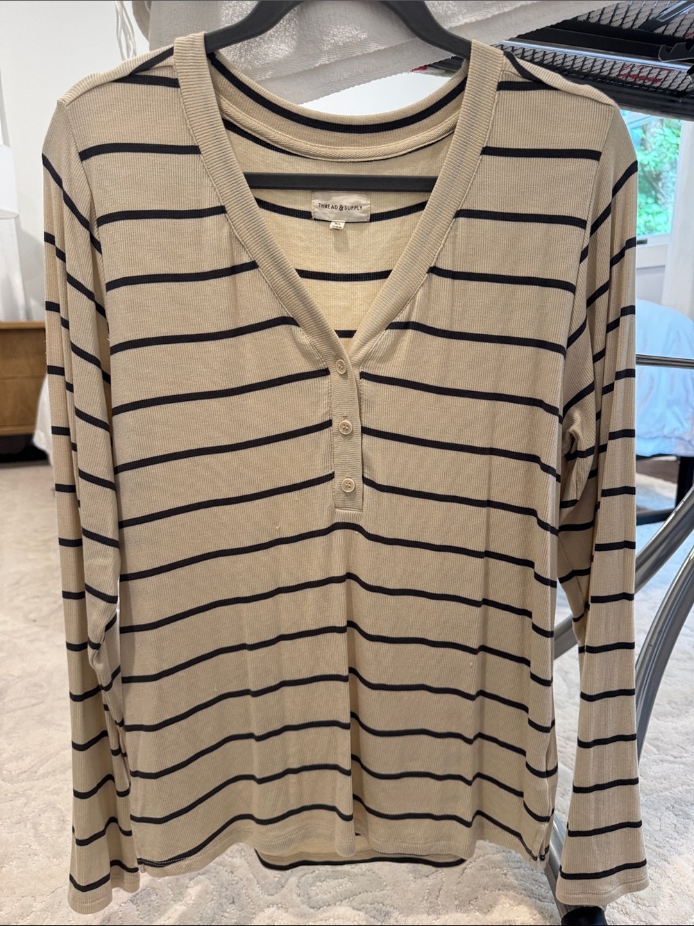 Thread & Supply Beige and Black Striped Long Sleeve Henley